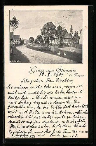 AK Staupitz, Strassenpartie mit Kirche