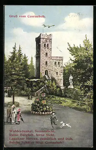 AK Czorneboh, Turm und spielender Junge mit Reifen