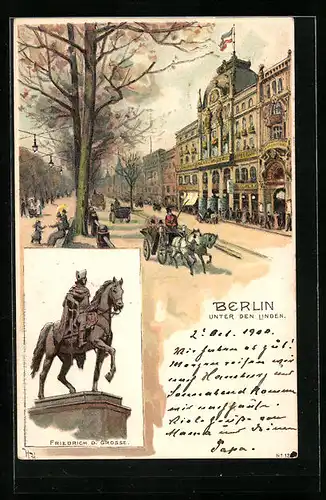 Lithographie Berlin, Unter den Linden mit Hotel und Pferdewägen, Denkmal Friedrich d. Grosse