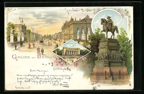 Lithographie Berlin, Schlossbrücke mit Blick auf Ruhmeshalle