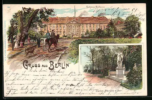 Lithographie Berlin, Schloss Bellevue mit Denkmal Albrecht d. Bär