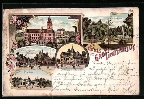 Lithographie Berlin-Lichterfelde, Gasthaus Zum Hans Sachs, Wiesenbaude, Rathaus, West-Bazar