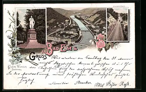 Vorläufer-Lithographie Bad Ems, Malbergbahn, Kaiser Wilhelm Denkmal, Totalansicht, 1895