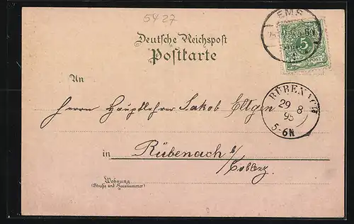 Vorläufer-Lithographie Bad Ems, Malbergbahn, Kaiser Wilhelm Denkmal, Totalansicht, 1895