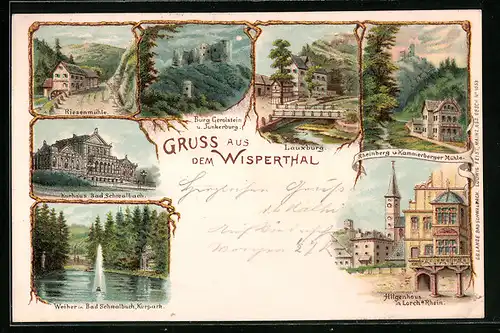 Lithographie Lorch a. Rhein, Hilgenhaus, Lauxburg, Riesenmühle und Burg Gerolstein