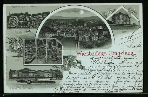 Mondschein-Lithographie Wiesbaden, Jagdschloss auf der Platte, Moosburg bei Biebrich, Schloss Biebrich, Sonnenberg