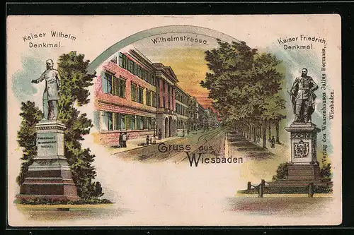 Lithographie Wiesbaden, Kaiser Wilhelm Denkmal, Wilhelmstrasse, Kaiser Friedrich Denkmal