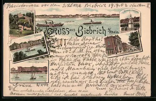 Lithographie Biebrich /Rhein, Moosburg, Schloss, Kriegerdenkmal, Rathhaus, Unteroffiziersschule