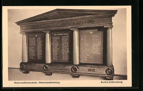 AK Berlin-Schöneberg, Hohenzollernschule, Oberrealabteilung, Tafel gefallener Schüler