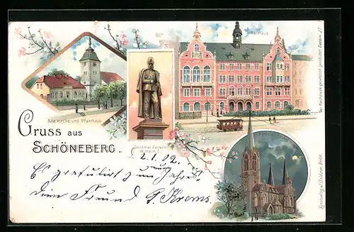 Lithographie Schöneberg, Alte Kirche und Pfarrhaus, Rathaus