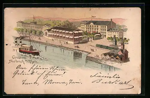 Lithographie Biebrich a. Rhein, Fluss mit Hotel und Restaurant Nassau