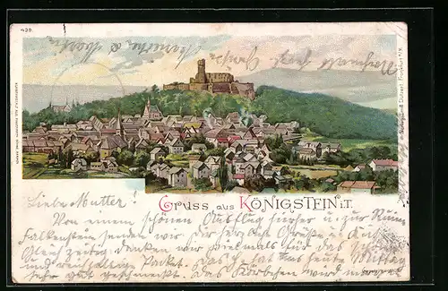 Lithographie Königstein i. T., Ortsansicht mit Burg