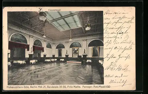 AK Berlin, Hohenzollern-Säle, Restaurant Concertsaal, Bandelstr. 35-36