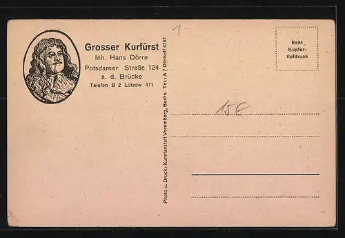 AK Berlin, Restaurant Grosser Kurfürst, Wein- und Club-Zimmer, Potsdamer Strasse 124