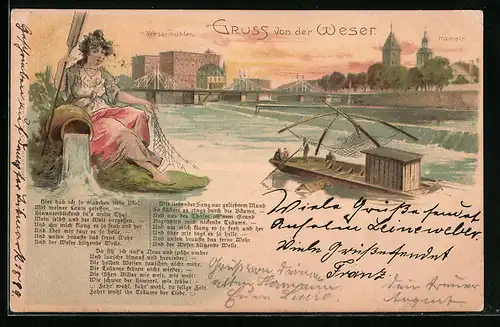 Lithographie Hameln /Weser, Wesermühlen, Fischfang am Wehr