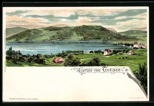 Lithographie Titisee, Ortspartie mit Berg und Gewässer