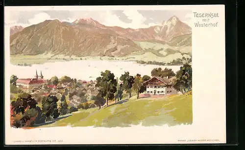 Lithographie Tegernsee, Ortsansicht mit Westerhof