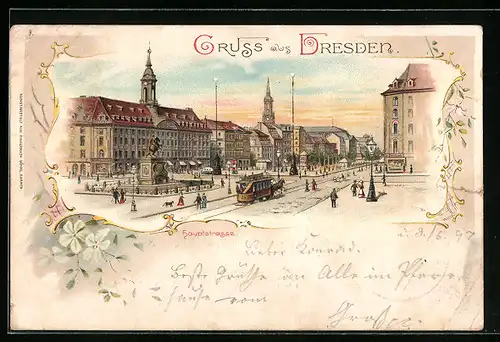 Lithographie Dresden, Blick auf die Hauptstrasse
