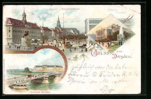 Lithographie Dresden, Hauptstrasse mit Albert-Theater und Carola Brücke