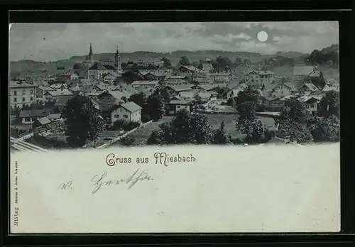 Mondschein-AK Miesbach, Ortsansicht aus der Vogelschau