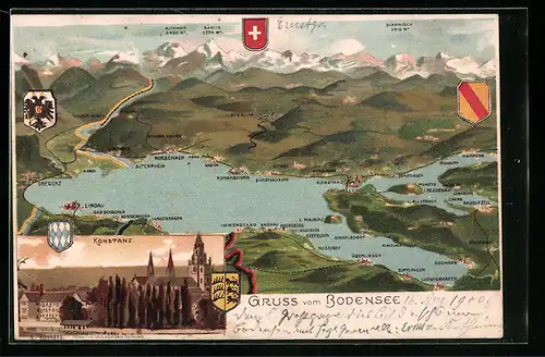 Lithographie Konstanz /Bodensee, Blick auf Berge und Täler