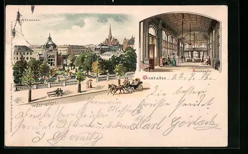 Lithographie Wiesbaden, Kochbrunnen, Trinkhalle