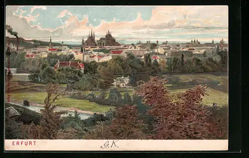 Präge-Lithographie Erfurt, Totalansicht aus der Vogelschau