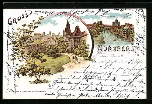 Lithographie Nürnberg, Blick auf das heilige Geist Spital, Partie an der Stadtmauer