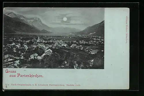 Mondschein-AK Partenkirchen, Totalansicht im Mondlicht