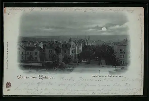 Mondschein-AK Weimar, Panorama vom Bahnhof aus