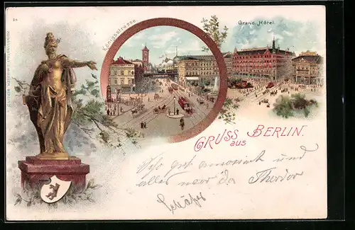 Lithographie Berlin, Grand-Hotel, Königsstrasse, Standbild, Wappen