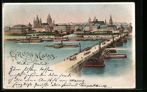 Lithographie Mainz, Ortsansicht mit Fluss und Dampfern