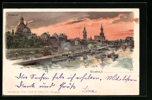 Lithographie Dresden, Ortsansicht mit Frauenkirche und Dampfschiffen, Abendstimmung