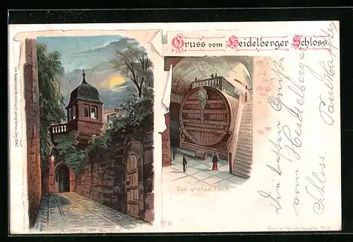 Lithographie Heidelberg, Aufgang zum Burghof, Das grosse Fass