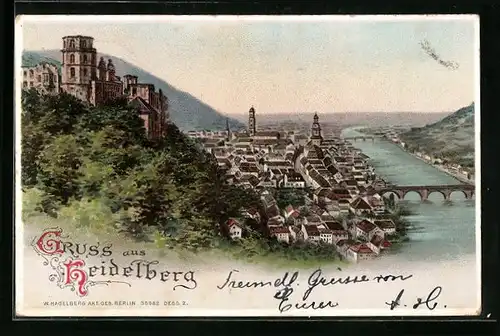 Lithographie Heidelberg, Ortspanorama mit Schloss