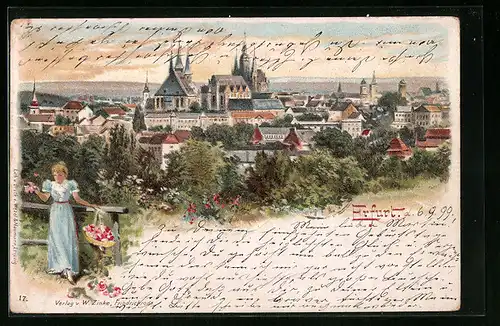 Lithographie Erfurt, Blick über die Stadt, Dame mit Blumenkorb in der Hand