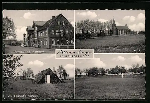 AK Altenmedingen, Kaufhaus Hermann Schwabe, Kirche, Sportplatz