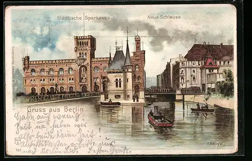 Lithographie Berlin, Städtische Sparkasse und Neue Schleuse, Mühlendamm