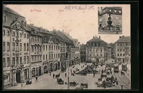 AK Zittau, Belebter Markt aus der Vogelschau