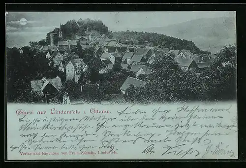 Mondschein-AK Lindenfels i. Odenw., Totalansicht aus der Vogelschau