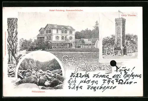 AK Reichenbach i. Odenwald, Hotel Felsberg, Ohly Thurm, Felsenmeer