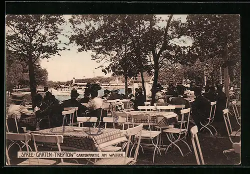 AK Treptow, Gasthaus Spree-Garten, Gartenpartie am Wasser