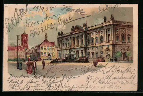 Lithographie Berlin, Brunnen vor dem Neuen kgl. Marstall