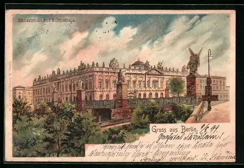 Lithographie Berlin, Schlossbrücke und Ruhmeshalle