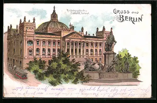 Lithographie Berlin, Reichstagsgebäude, Bismarck-Denkmal