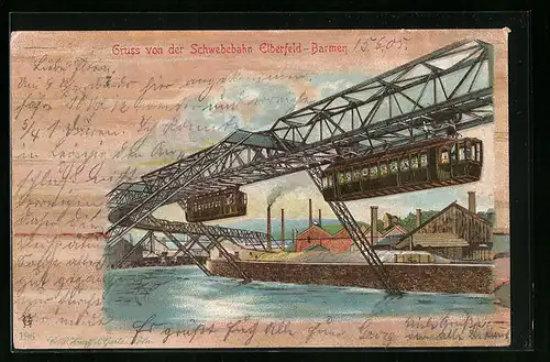 Lithographie Elberfeld-Barmen, Ansicht der Schwebebahn