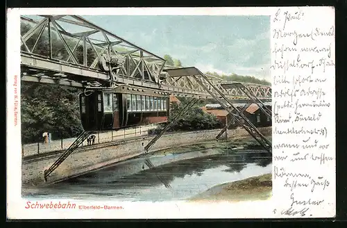 Lithographie Elberfeld-Barmen, Partie an der Schwebebahn, am Flussufer
