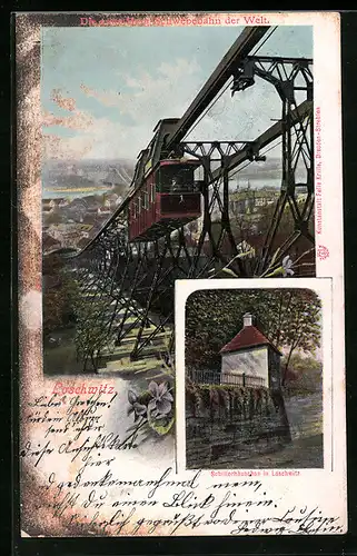 Lithographie Dresden-Loschwitz, Schillerhäuschen, Schwebebahn