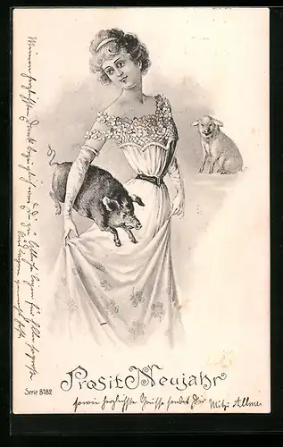 AK Junge Dame lässt Schwein unter ihrem Arm springen, Neujahrsgruss