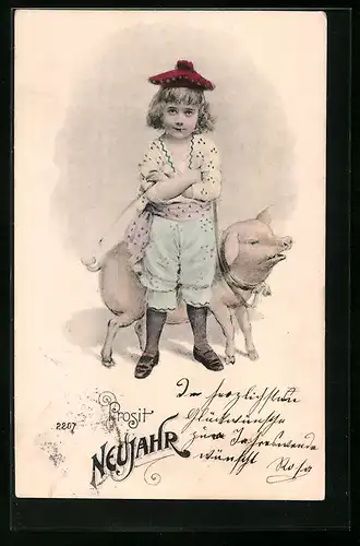 AK Knabe mit Schwein an der Leine, Neujahrsgruss